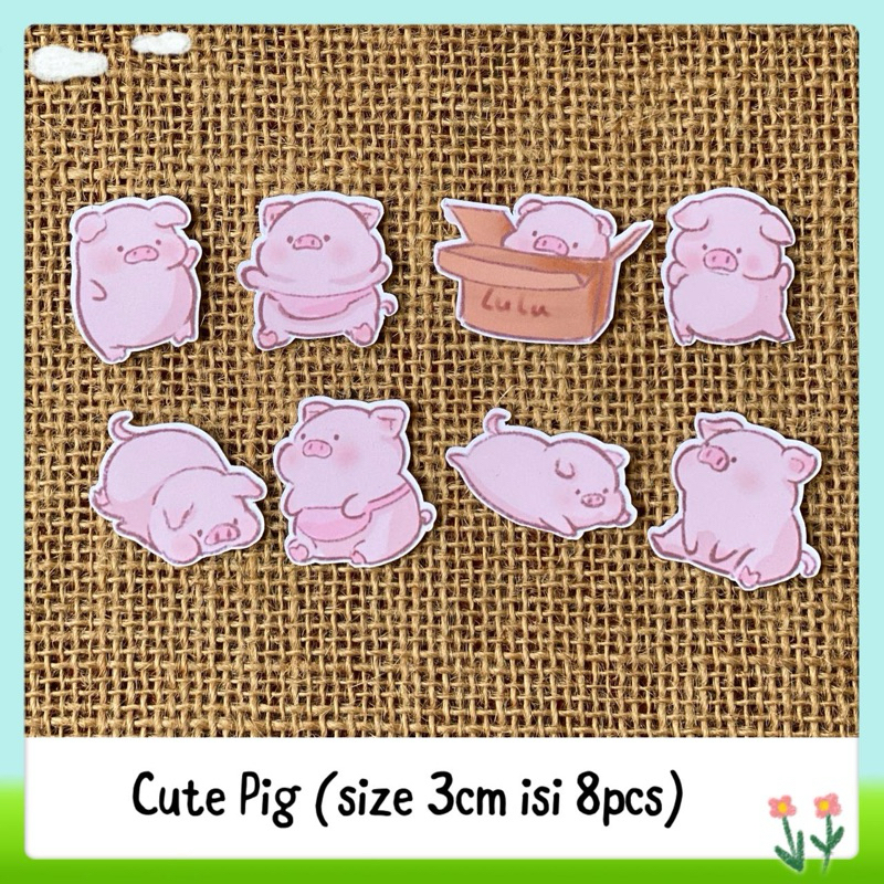 

8pca sticker tempelan glossy pink pig / piggy cute / hewan babi lucu