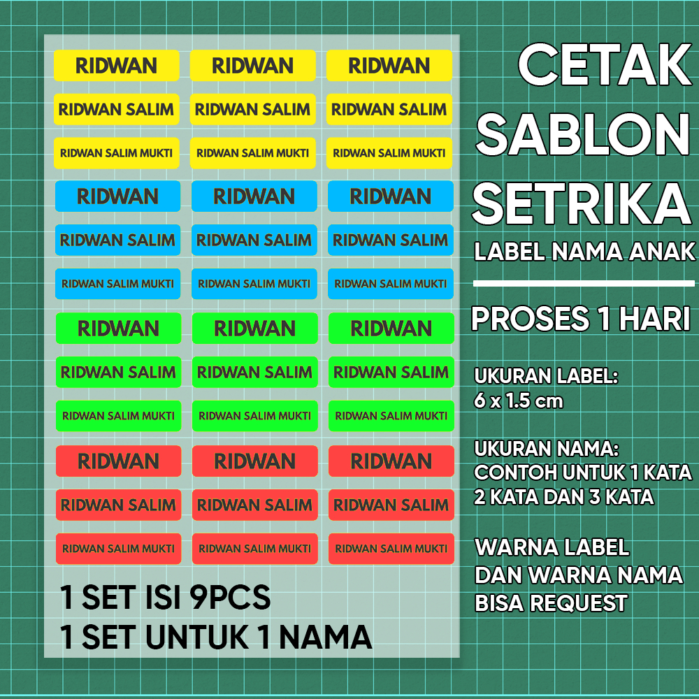 

SG Sticker Nama Label Untuk Kain isi 9 pcs / Sablon Setrika Gratis Custom Nama Sablon DTF Bisa Ditempel Pakai Setrika Di RUmah (Bukan Bordir)