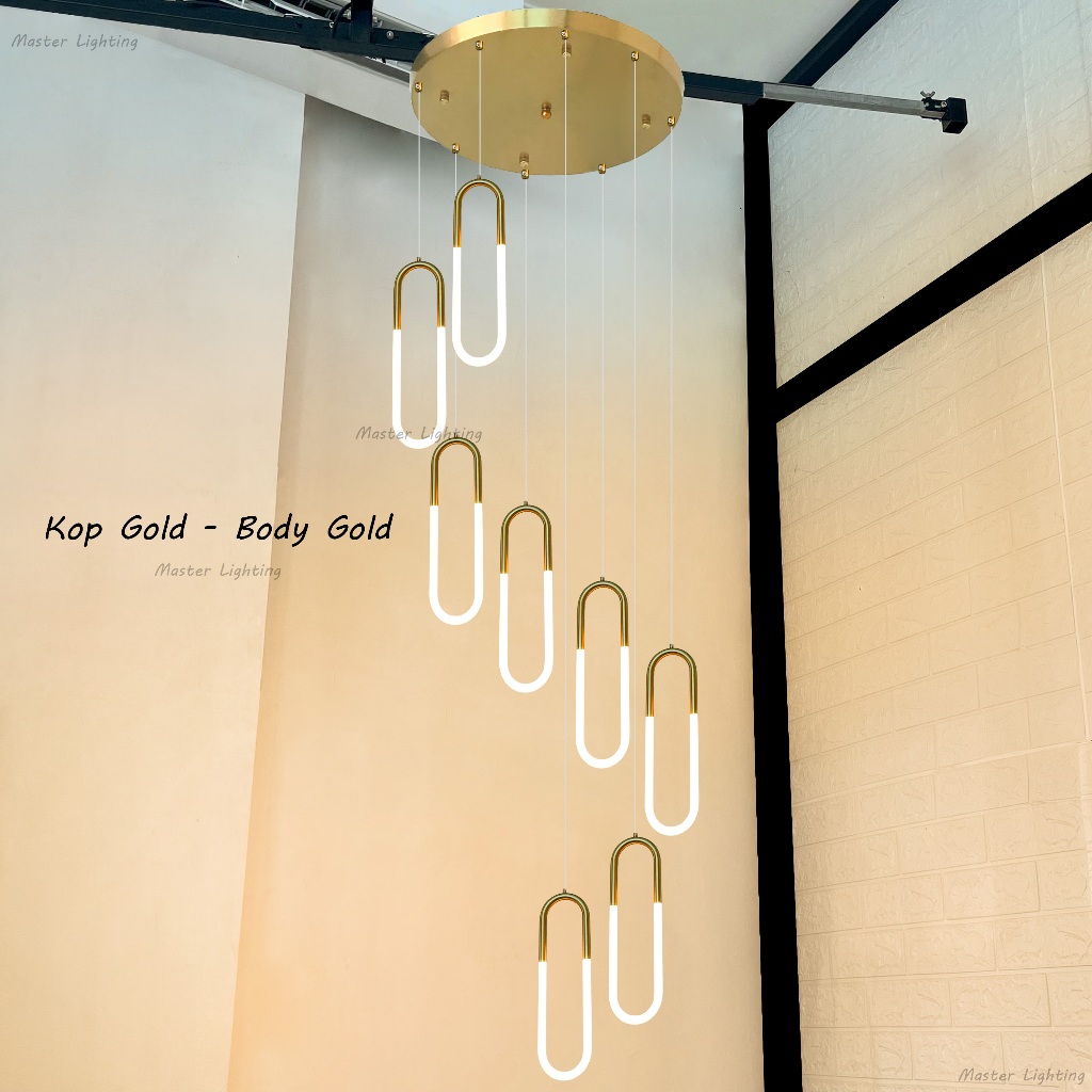 Lampu gantung void tangga oval 8in1 led body gold hitam minimalis 8lampu