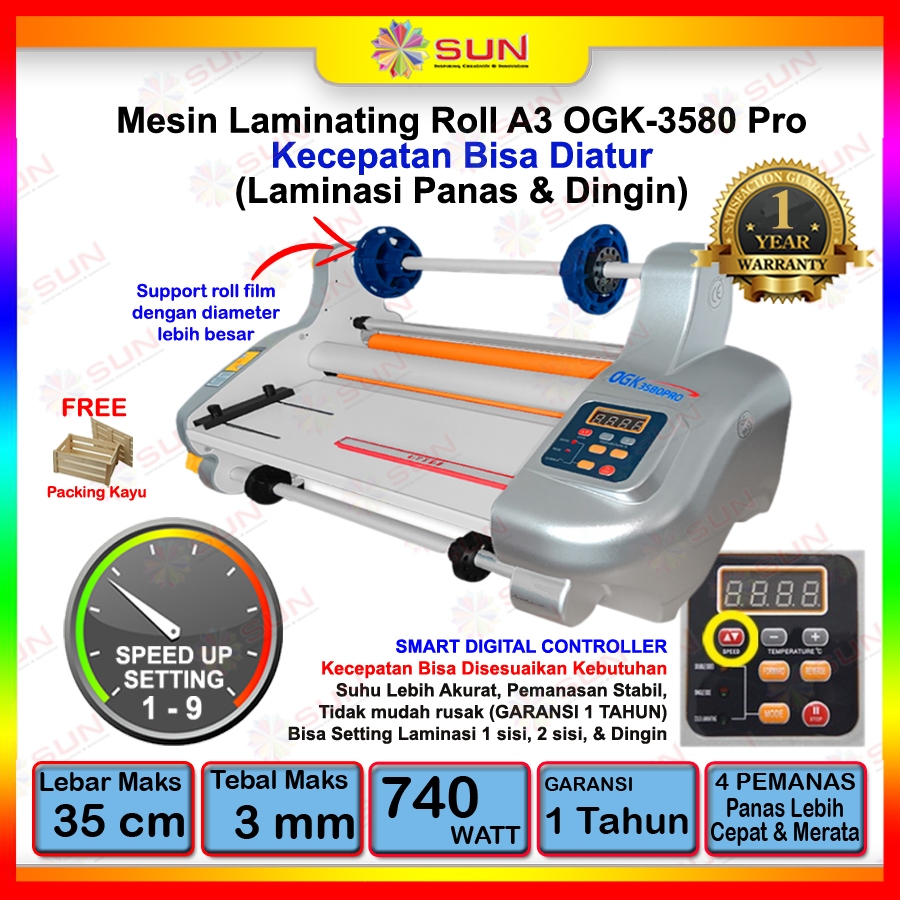Mesin Laminasi / Laminating Roll A3+ FM3510  / FM/OGK3580 Hot ( Panas )  dan Cold ( Dingin )