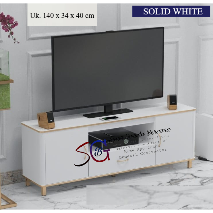 MEJA TV MINIMALIS PUTIH LIST EMAS KAKI EMAS / RAK TV AESTHETIC KEKINIAN PANJANG 140 CM / MEJA TV EST