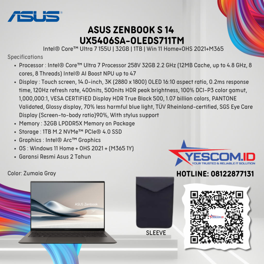 Asus Zenbook S 14 UX5406SA-OLEDS711TM/Ultra 7 258V/32GB/1TB SSD