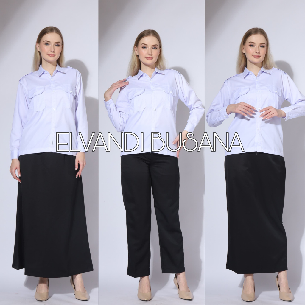 Kemeja Wanita Baju Kerja Kantor Seragam Dinas PDH Pemda Guru ASN Wanita - Lengan Panjang Putih Hitam