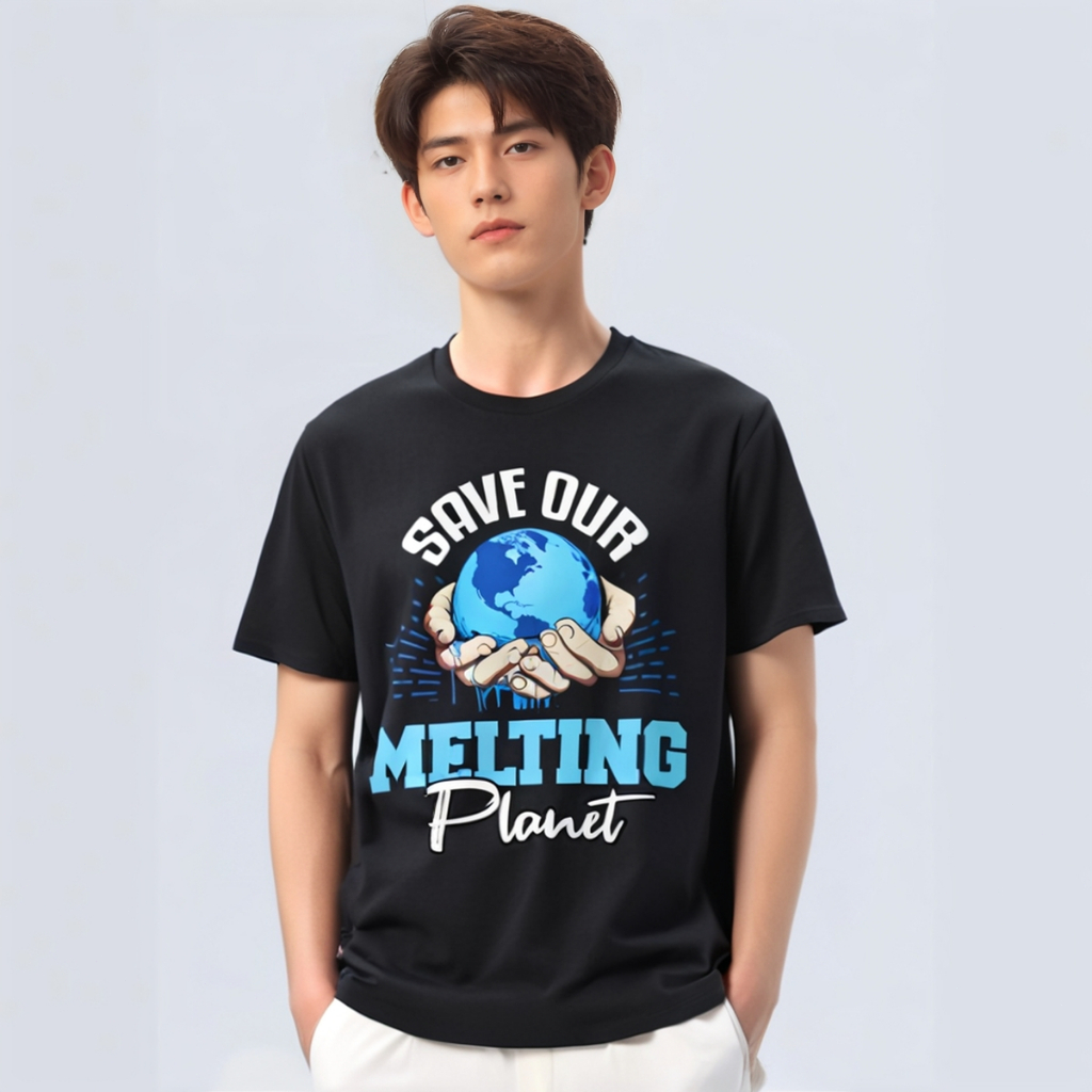 kaoswarna 丨 Kaos Biru Selamatkan Planet Kita yang Mencair Berpegangan Tangan pada Globe Bumi T-shirt