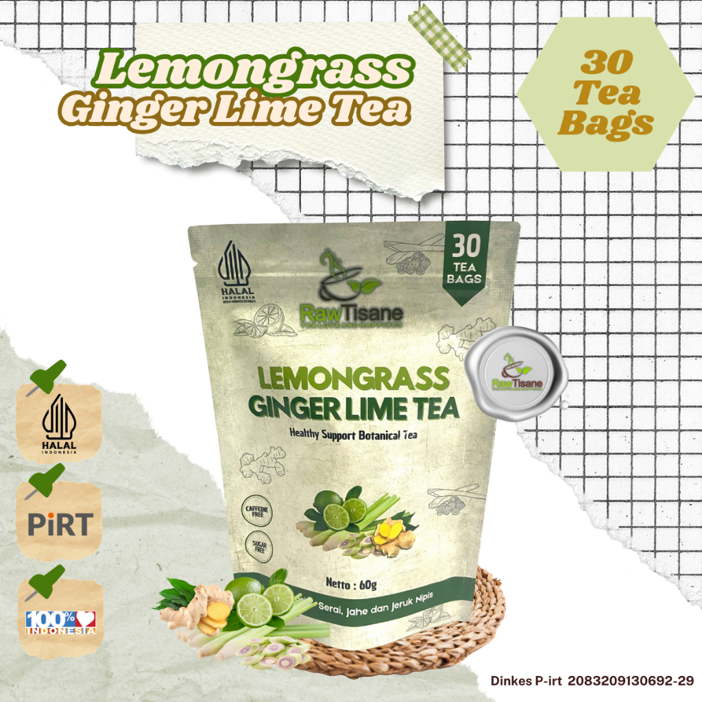 

RAW TISANE Lemongrass Ginger Lime Tea : Teh Celup Serai, Jahe & Jeruk Nipis Isi 30 Tea Bag