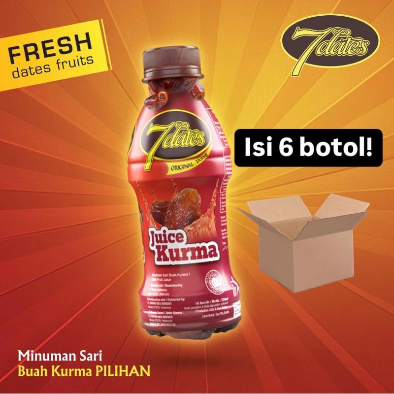 

Jus Kurma 7Dates box isi 6 botol kemasan 220ml. 7Dates Sepcial Box isi 6 botol