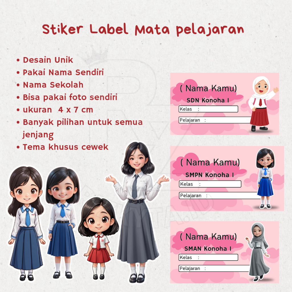 

Stiker Label Mata Pelajaran Anak custom nama dan sekolah motif anak sekolah girl - 40pcs