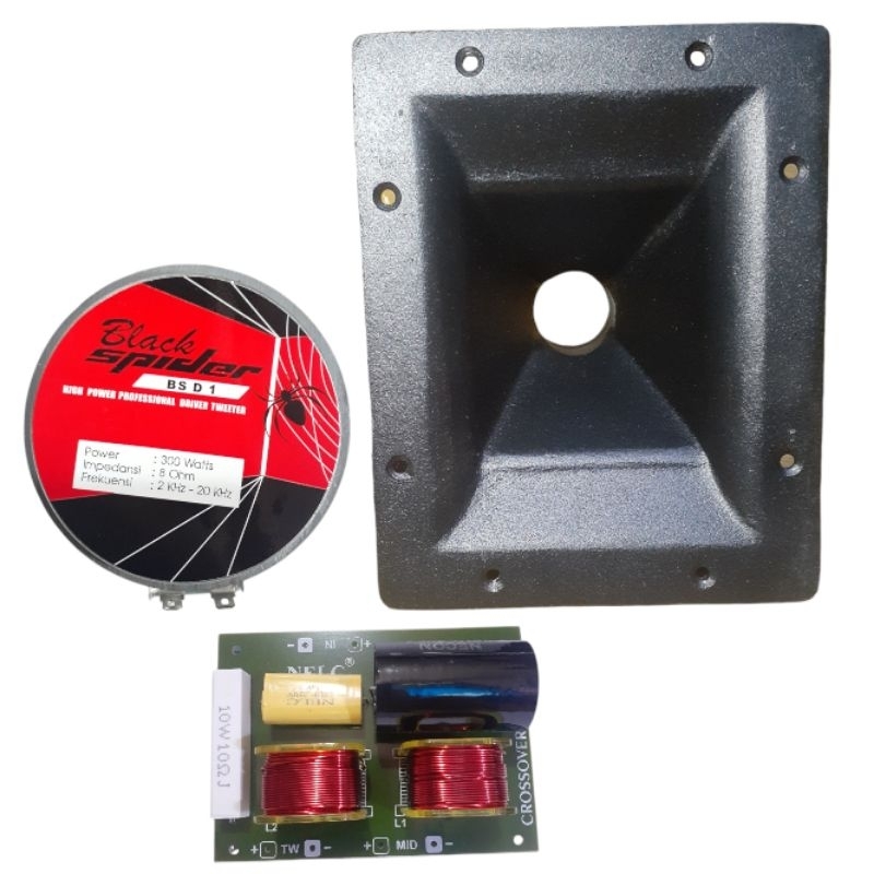 Paket Tweeter Black Spider D1 Plus Horn Besi Drat 15x19 Dan Crossover 2 Way