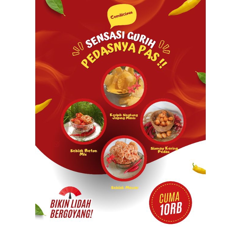 

Cemilicious Cemilan Pedas | Keripik Singkong Jagung Manis, Siomay Pedas, Seblak Beton Mix, Seblak Mawar