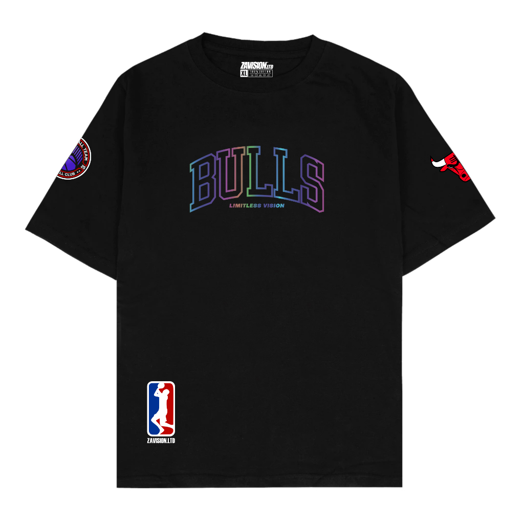 BIG PROMO ZAVISION.LTD KAOS PRIA KAOS BASKET CHICHAGO BULLS REFLECTIVE RAINBOW HITAM UNISEX COTTON