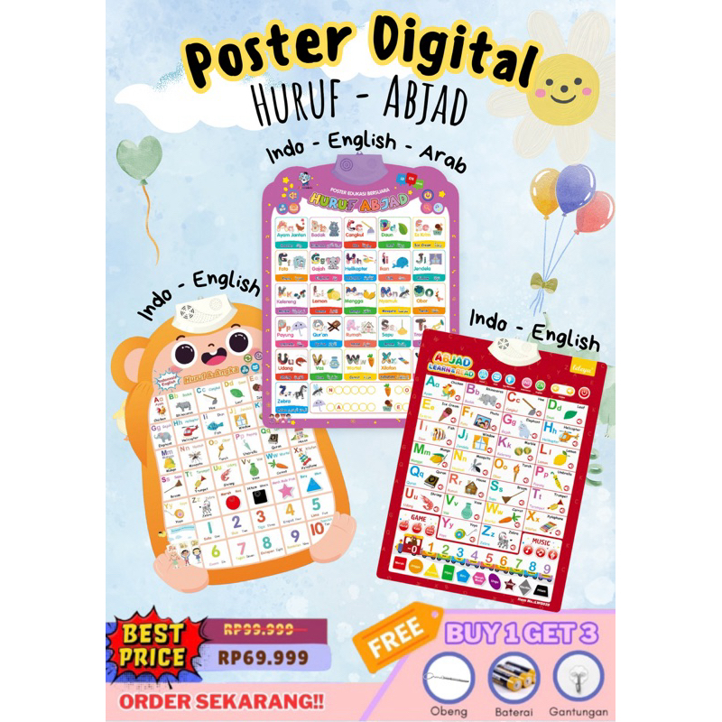 [ADEEVATHAR] POSTER VARIAN HURUF ABJAD ANGKA. Poster Suara edukasi 2 & 3 Bahasa INDONESIA-INGGRIS-AR