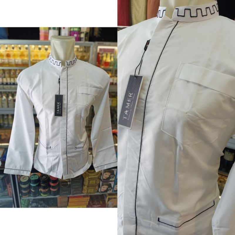 Baju Koko / Baju muslim Pria Tamer putih lengan panjang bordir katun premium Tira