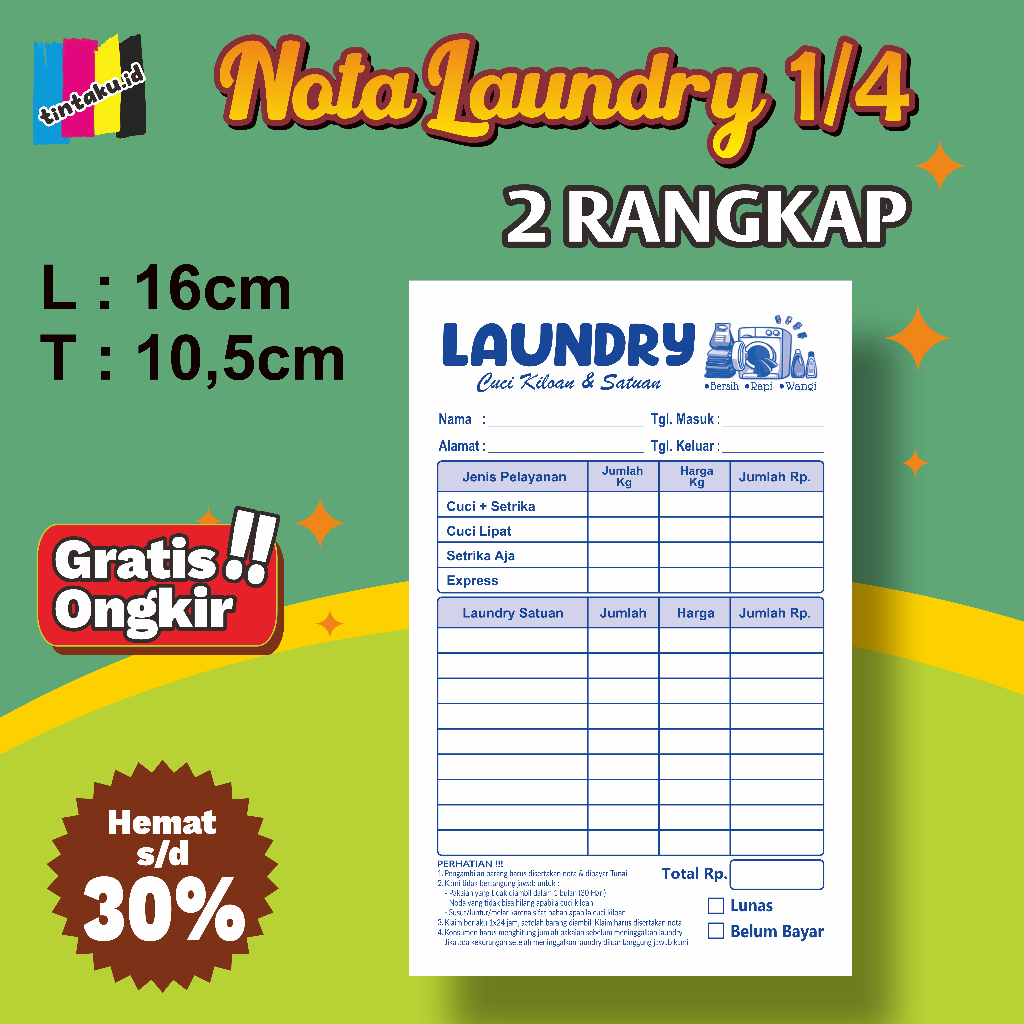 

Nota laundry 2 rangkap (2ply) ukuran 16cm X 10,5cm (1/4 FOLIO)