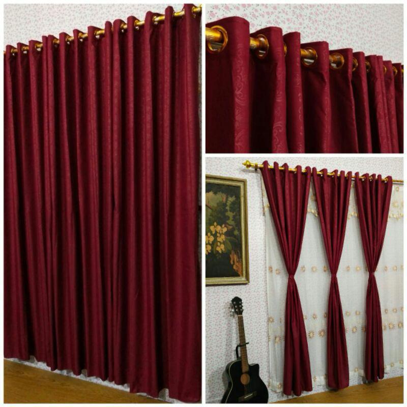 [ 2 pcs ] Gorden maroon ukuran 100x230 cm smokering polos emboss kordeng jendela gorden polos