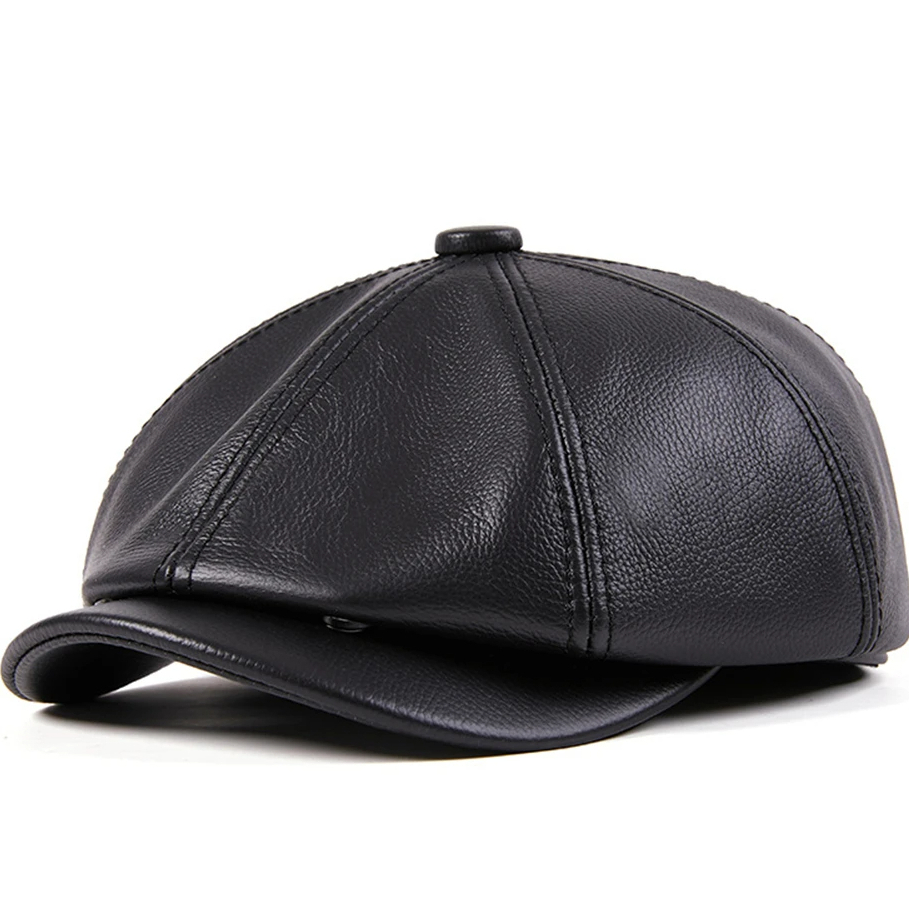Topi Kulit Asli Topi Segi Delapan Kualitas Tinggi Pria Baret Musim Gugur Musim Dingin Topi Datar Kul