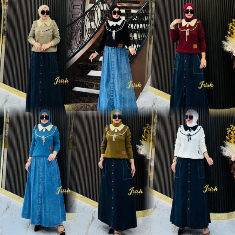 DEWINTA SET IRISH LABEL SET RAJUT JEANS ATASAN RAJUT ROK JEANS ROK JEANS KANCING CASUAL SET ELEGANT 