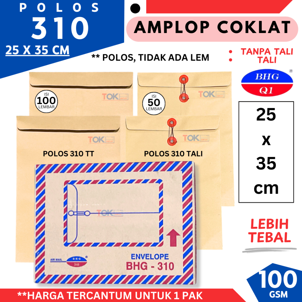 

HJK Amplop Folio Tebal 100 GSM 25x35cm ( POLOS 310 TALI / TANPA TALI )