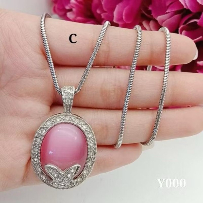 kalung titanium lapis emas putih permata giok ready