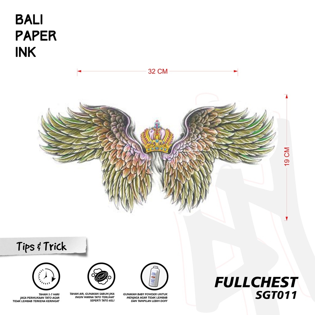 Bali Paper Ink SGT011 Sayap Mahkota Tattoo Temporary Basic Tato Temporer Full Dada - Tato Dada