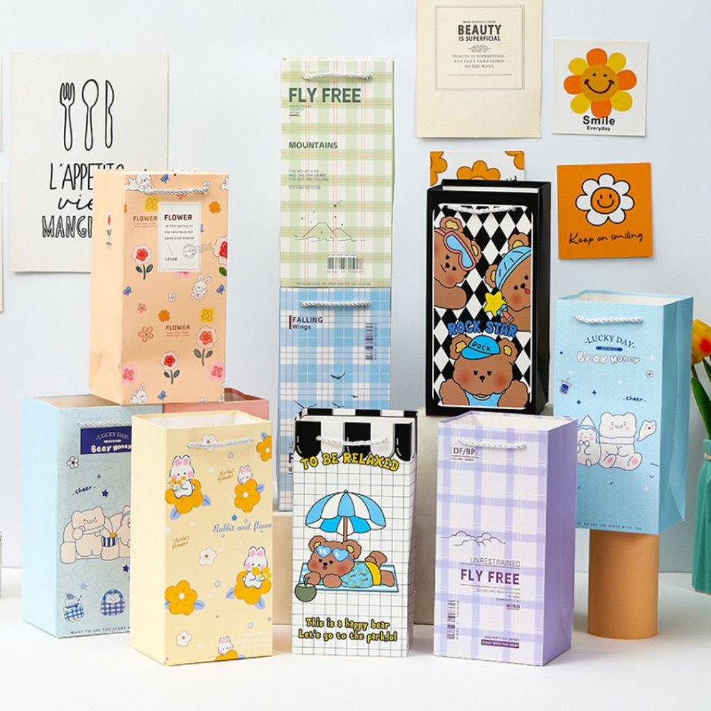 

[littlecrab] Paper Bag Tinggi Motif Kartun Kantong Botol Tas Gift Bunga Beruang Rabbit Tali Atas