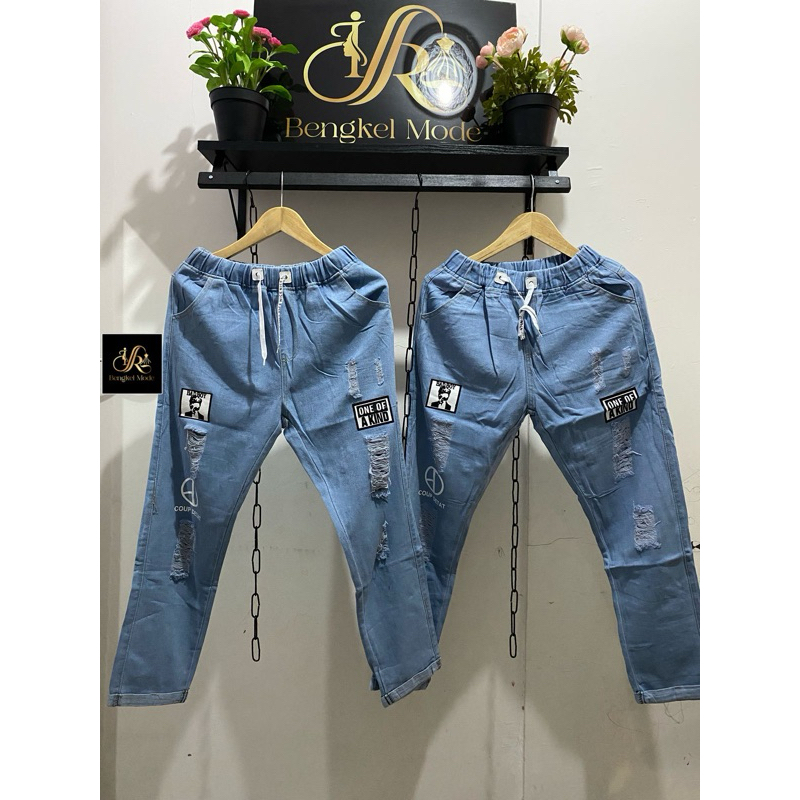 Celana Wanita Boyfriend ripped jeans sablon badboy pinggang karet Import Bangkok