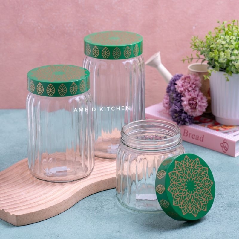 Toples Lebaran bijian kaca tebal HEREVIN tutup Embosed hijau emerald