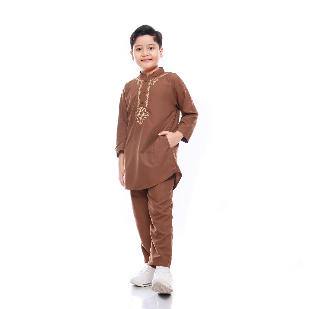 Baju Set KOKO ANAK Laki Cowok umur usia 4 - 16 tahun Setelan Kurta Pakistan Hijau Tua Army Bordir