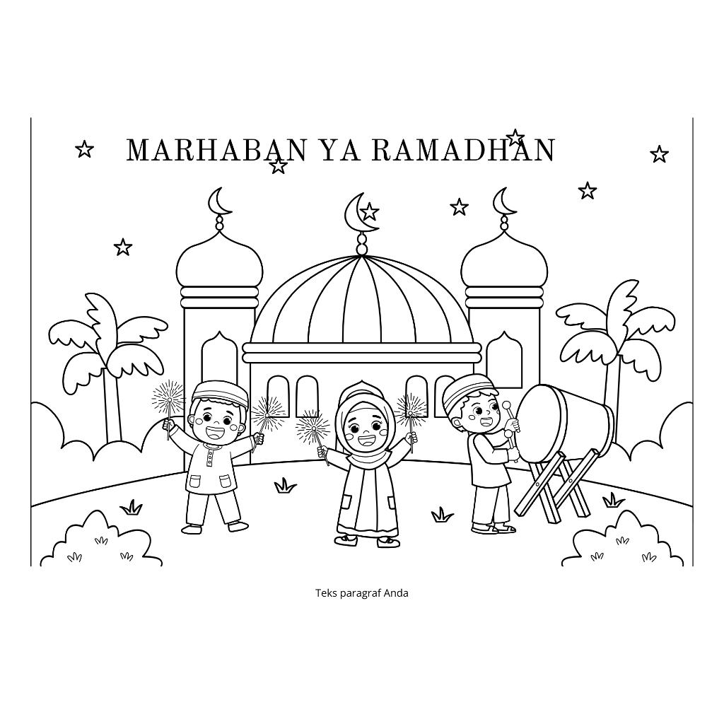 Gambar sketsa mewarnai melukis anak TK dan SD tema ramadhan
