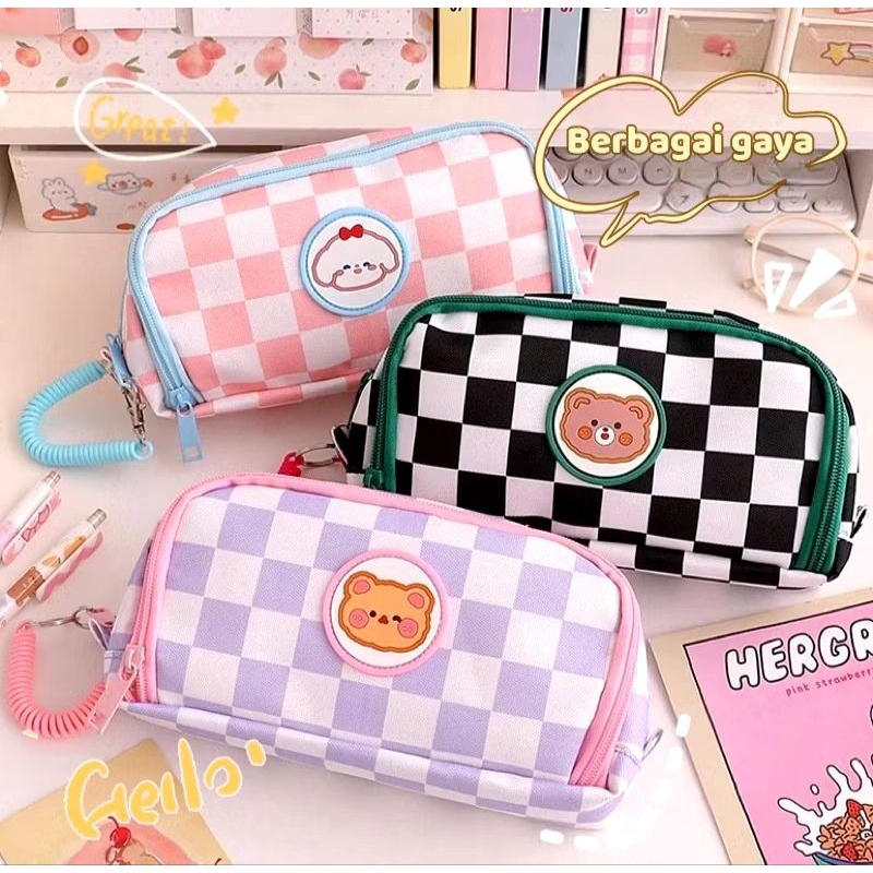 

[AJS] Kotak Alat Tulis Motif Kotak 2 Lapis/ Pencil Case Kanvas Anti Air