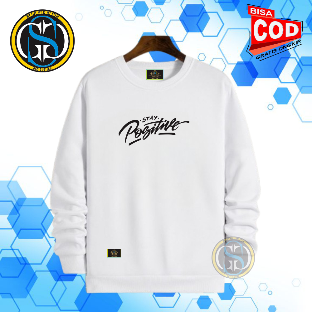 Jaket Sweatshirt Crewneck Pria Wanita Sweater Katun Fleece Tebal Putih Motif Positive Keren Abstrak