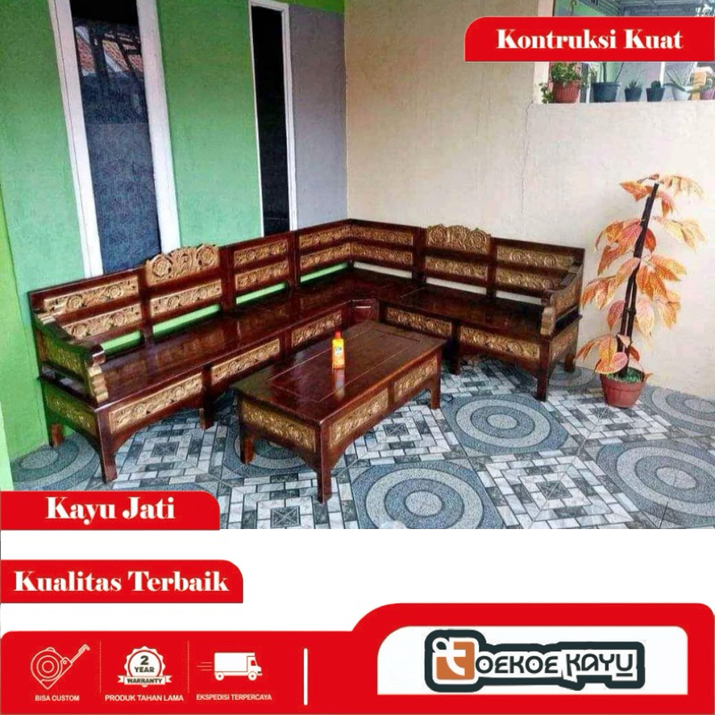 kursi sudut mawar, kursi tamu sudut kayu jati, kursi tamu ukir kayu jati