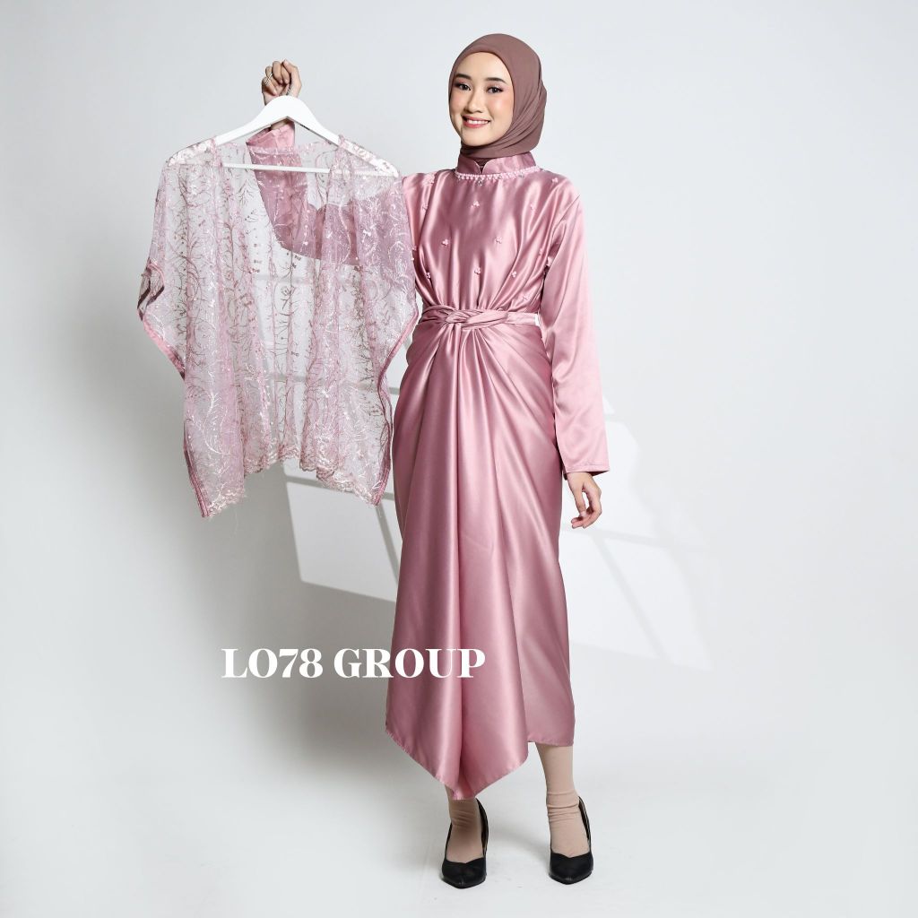 Naira Dress Satin Model Kaftan Lilit Kombinasi Outer Rompi Brokat Payet Mutiara Mewah Fashion Muslim