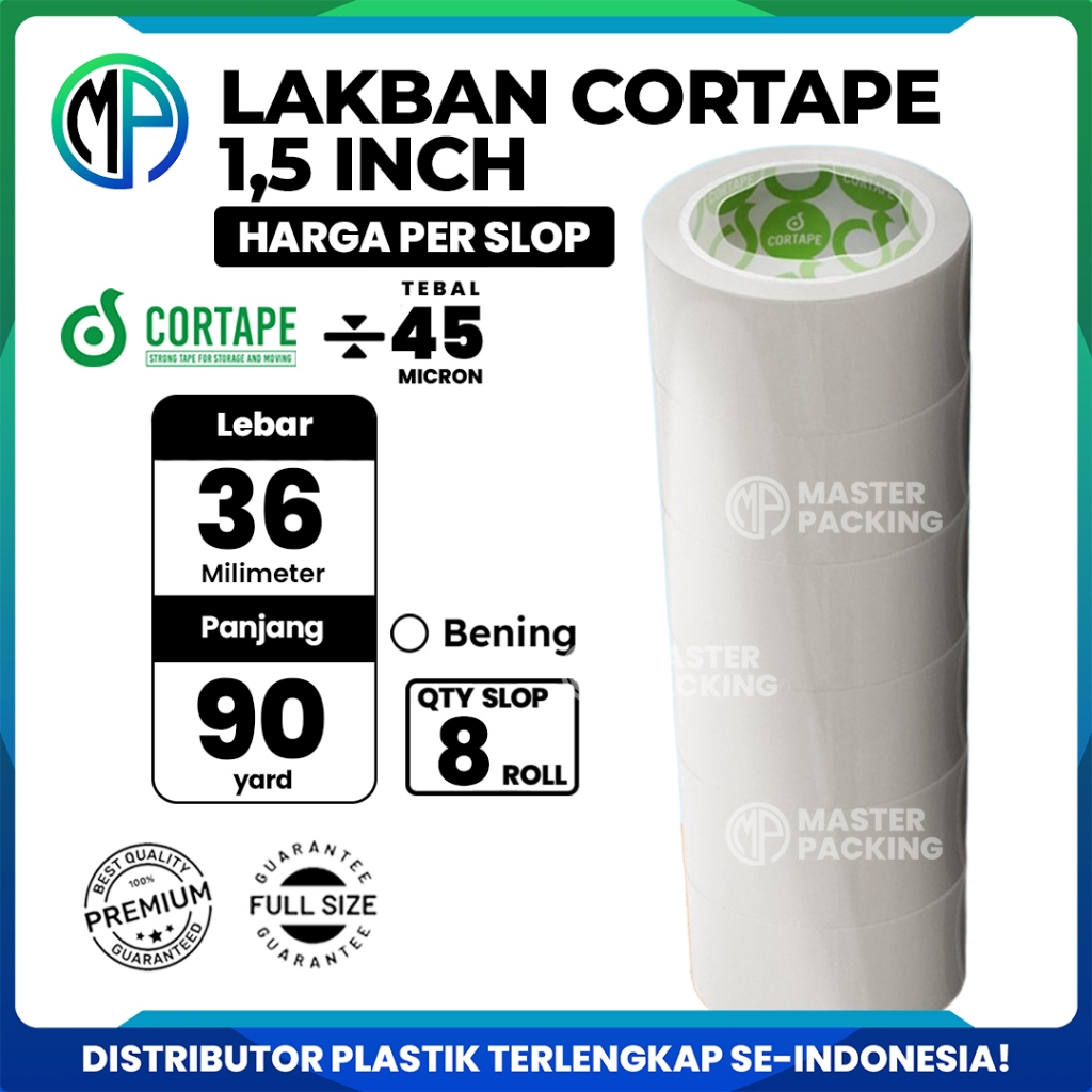 

Lakban / Selotip / Isolasi / OPP Tape Cortape Bening 36mm x 90yard Harga Per-Slop 8pcs Spek. Daimaru