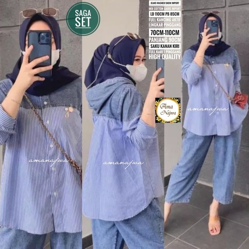 100% ORI Setelan jeans SAGA SET JEANS BY AMANAJWA - SETELAN JEANS JUMBO LD120-130 Elvira set kulot b
