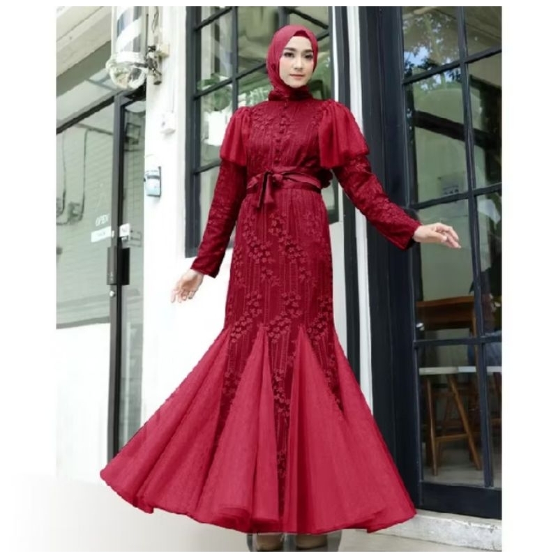 Mewah Anggun Gamis Maxi Brokat Duyung Kombinasi Tile Renda