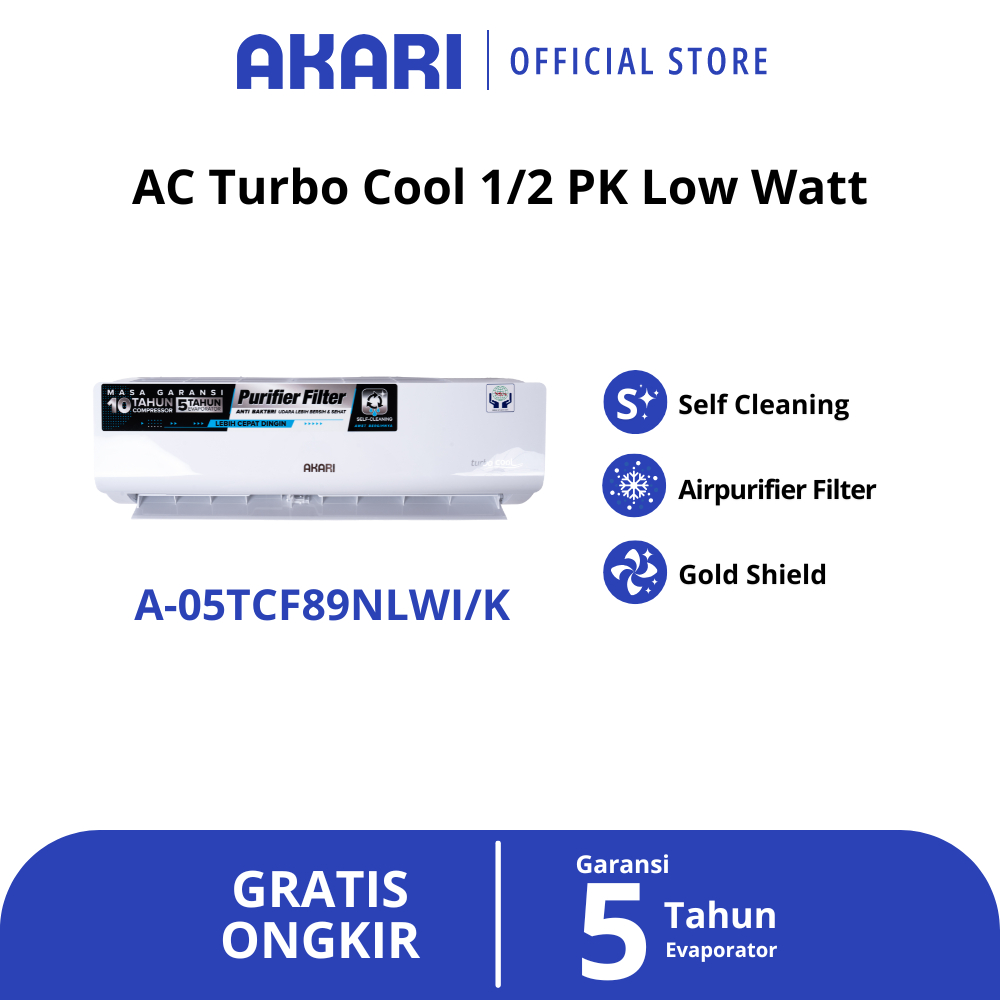 AKARI AC 1/2PK Self Cleaning Turbo Cool A-05TCF89NLWI/K Low Watt Termurah