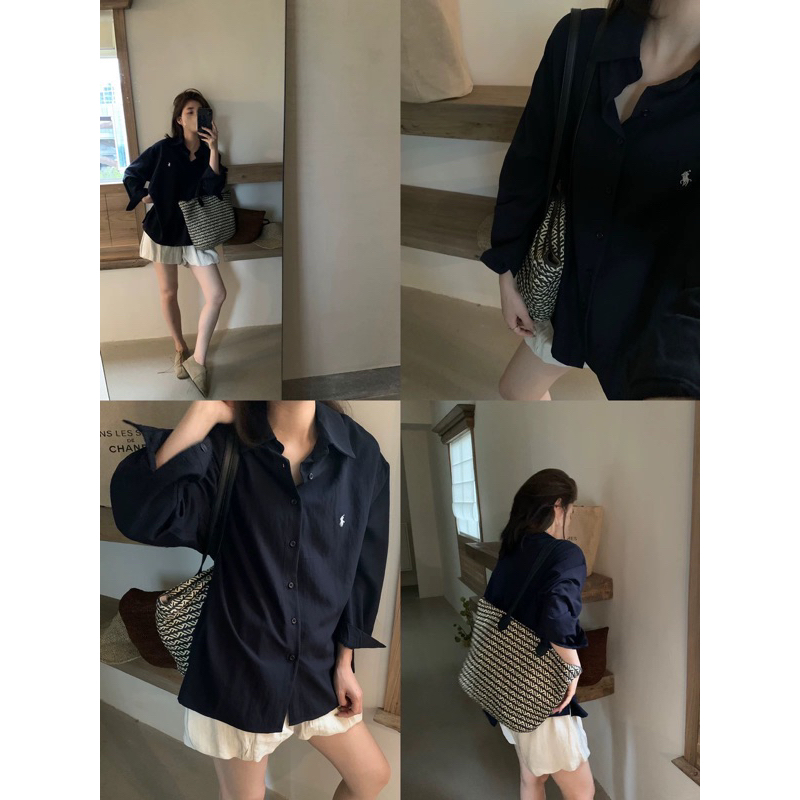 kemeja hitam polos wanita stripe polo shirt lengan panjang bahan rayon