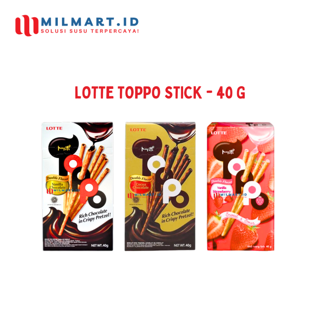 

LOTTE TOPPO BISKUIT CHOCO STICK 40G RASA VANILA/COCOA/STRAWBERRY CAMILAN BATANG