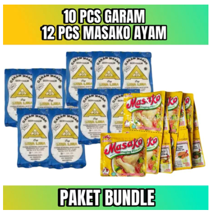 

PAKET HEMAT 10 PCS GARAM 100gr + 12 PCS / 1 LUSIN MASAKO RASA SAPI UKURAN 8GR PENYEDAP RASA Masakan Instan Ayam