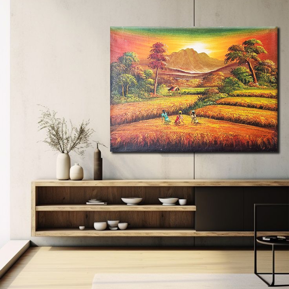 Lukisan Pemandangan Sunset Sawah Dan Gunung 60x80