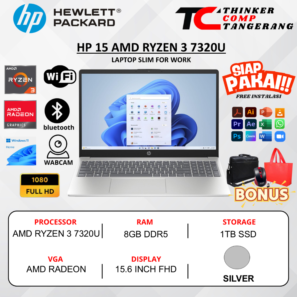 Laptop kantor Silim Hp 15 Amd Ryzen 3 7320U 8GB 1TB SSD FHD Windows 11 Terbaru