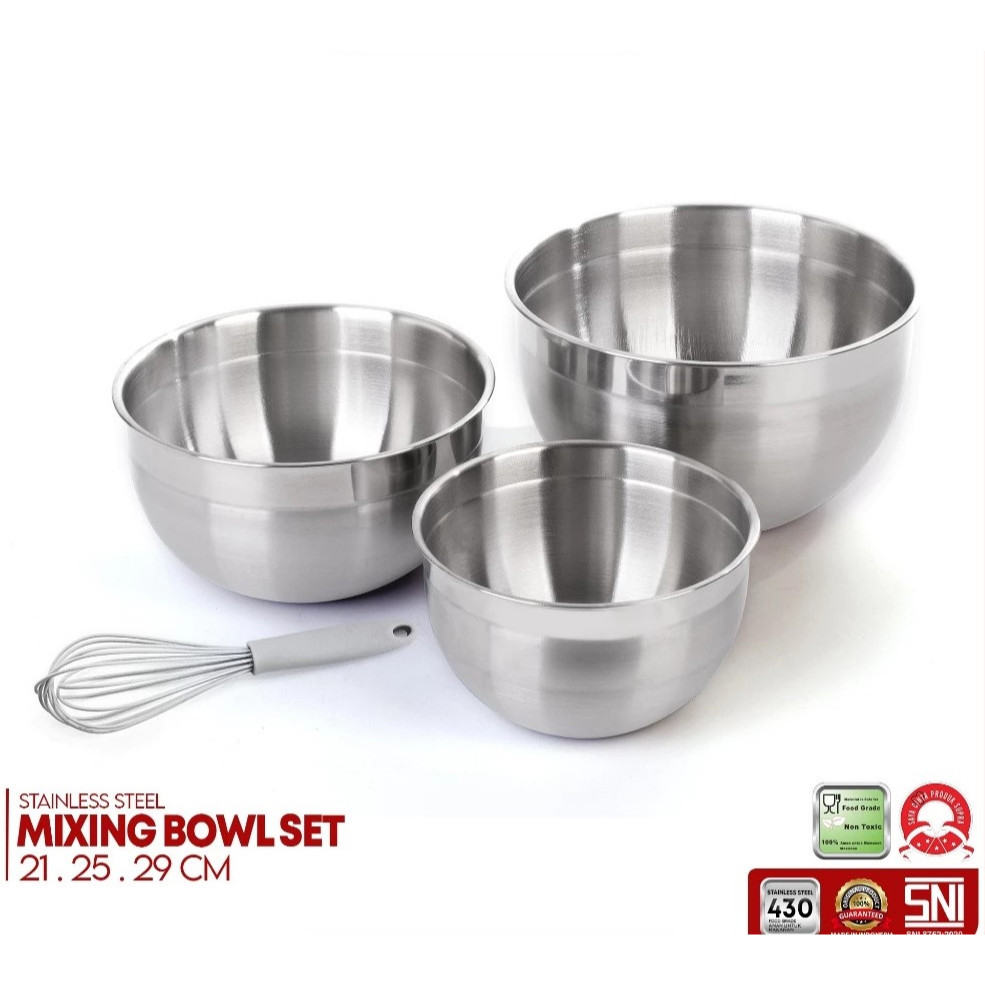 Mixing Bowl Stainless Steel Supra Set 3 Pcs + Whisker