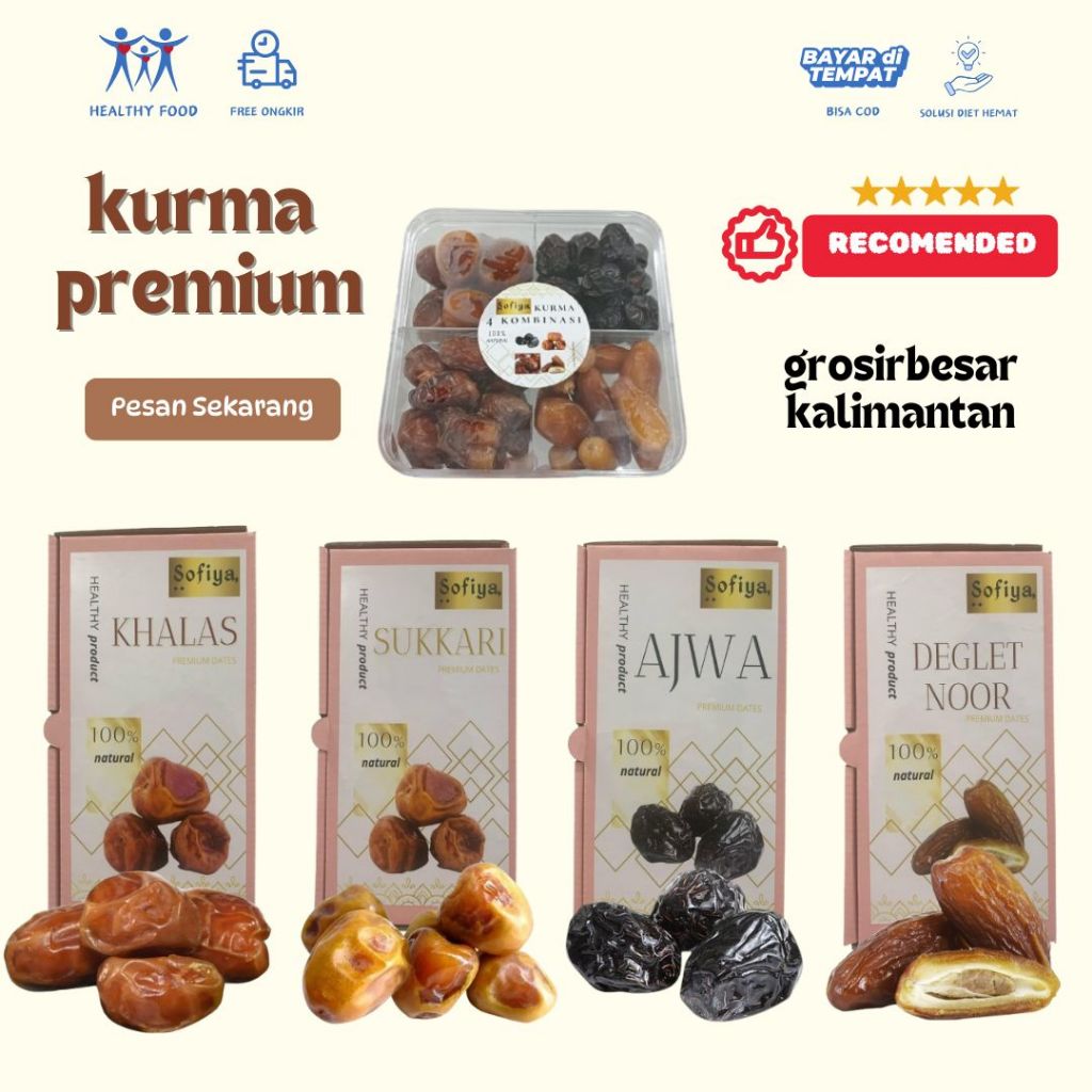 

AFL 500 GR KURMA BOX SOFIYAPREMIUMSUKARI/AJWA/TUNISIA/KHALAS MADU TUNIS DEGLET NOOR SAFIYA