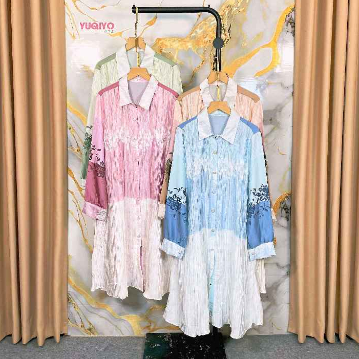 YUQIYO - Tunik Silk Plisket / Motif Bunga / Tunik Muslimah / Lembut nyaman