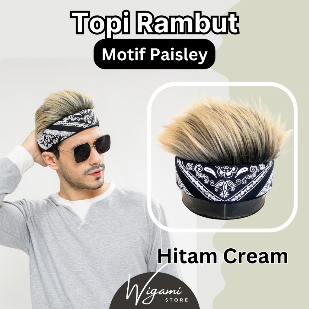 WIGAMI Topi Rambut Palsu Pria Bandana Motif Paisley Hitam Cream Lurus Sintetis Premium