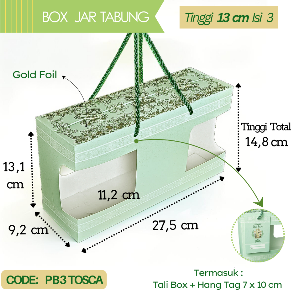 

Gable Box Toples isi 3 Jar PET 600ml - 800ml Tosca / Box Kemasan Paper Bag Idul Fitri / Dus Tali Jinjing Kuker Lebaran