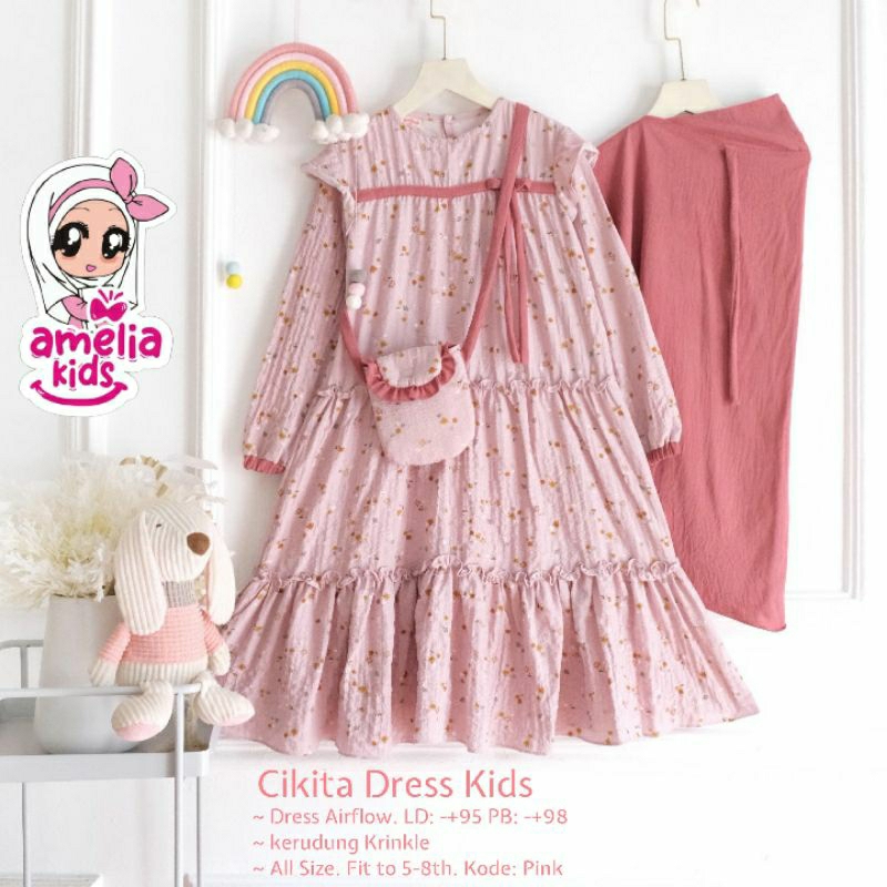 CIKITA DRESS KIDS BAHAN AIRFLOW KERUDUNG KRINKLE ORI By AMELIA KIDS