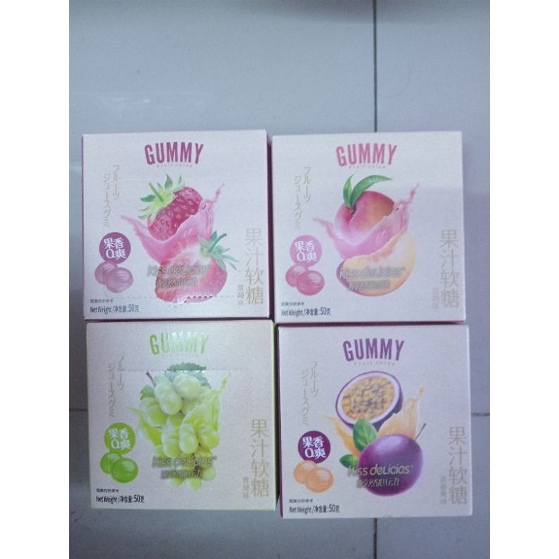 

Permen jelly gummy fruit kiss delicious peach/stoberi/anggur/marikisa