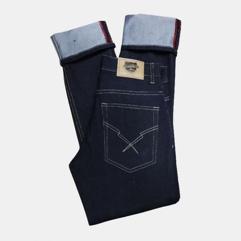 Celana denim jeans selvadge aceent Slimfit panjang pria 14 Oz Stretch