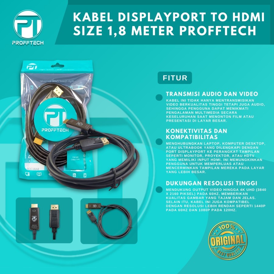 Kabel displayport to hdmi female or male. 1.8 meter